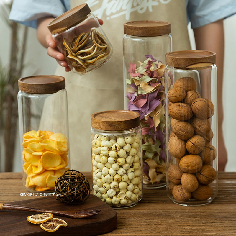 Wood Lid Glass Airtight Canist - Food Storage With Glass Lids ulasan dan harga